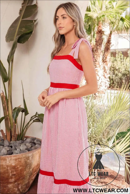 Red Stripe Bow Knot Straps Contrast Trim High Waist Ruffle Hem Maxi Dress