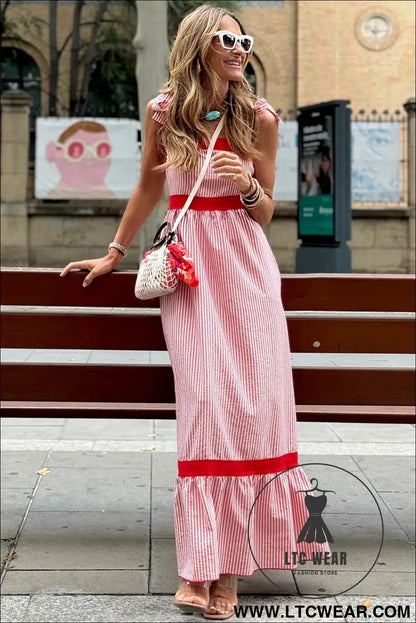 Red Stripe Bow Knot Straps Contrast Trim High Waist Ruffle Hem Maxi Dress - L.T.C Wear Online Fashion Store