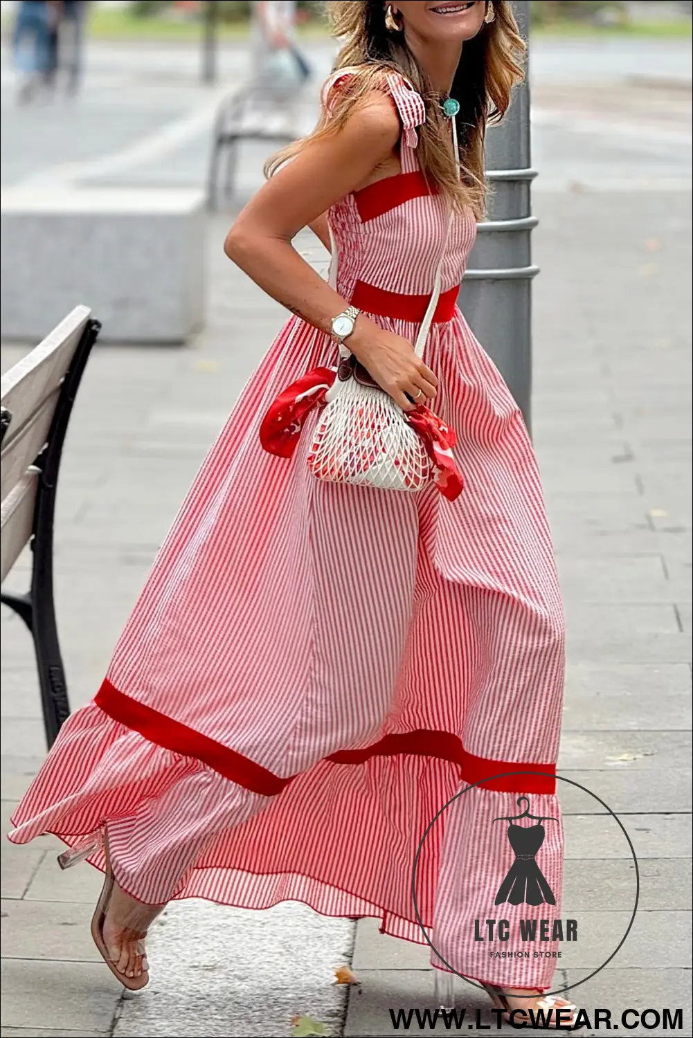 Red Stripe Bow Knot Straps Contrast Trim High Waist Ruffle Hem Maxi Dress - L.T.C Wear Online Fashion Store