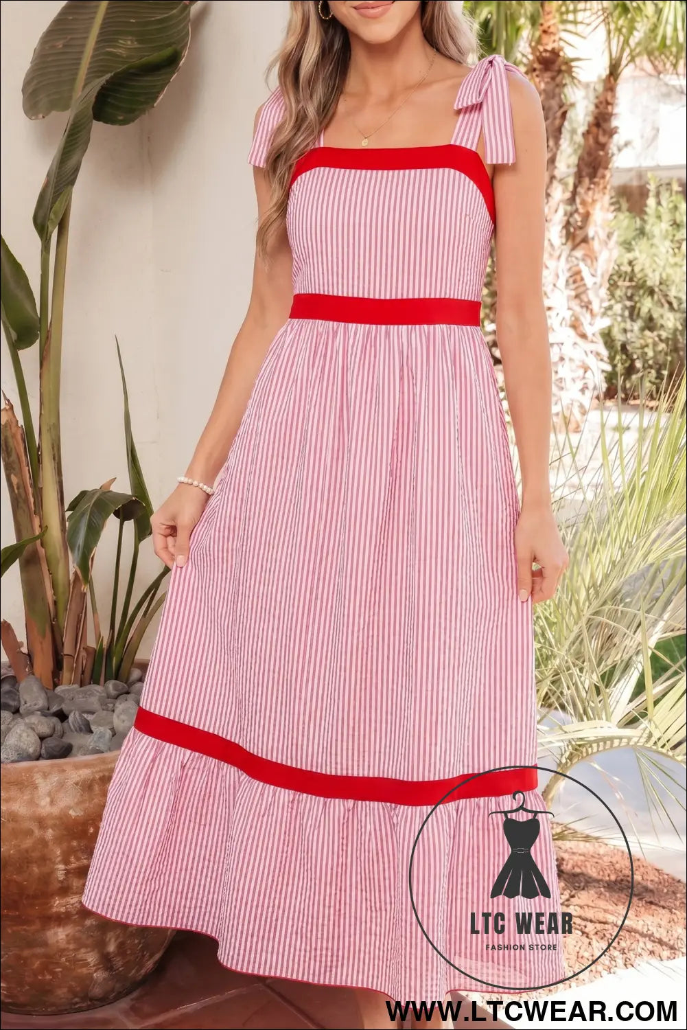 Red Stripe Bow Knot Straps Contrast Trim High Waist Ruffle Hem Maxi Dress - L.T.C Wear Online Fashion Store