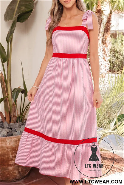 Red Stripe Bow Knot Straps Contrast Trim High Waist Ruffle Hem Maxi Dress - L.T.C Wear Online Fashion Store