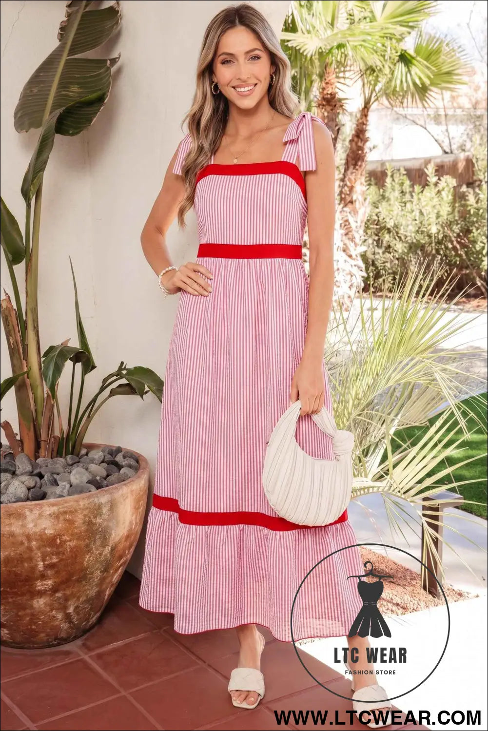 Red Stripe Bow Knot Straps Contrast Trim High Waist Ruffle Hem Maxi Dress
