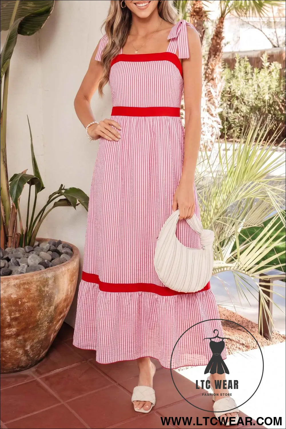 Red Stripe Bow Knot Straps Contrast Trim High Waist Ruffle Hem Maxi Dress