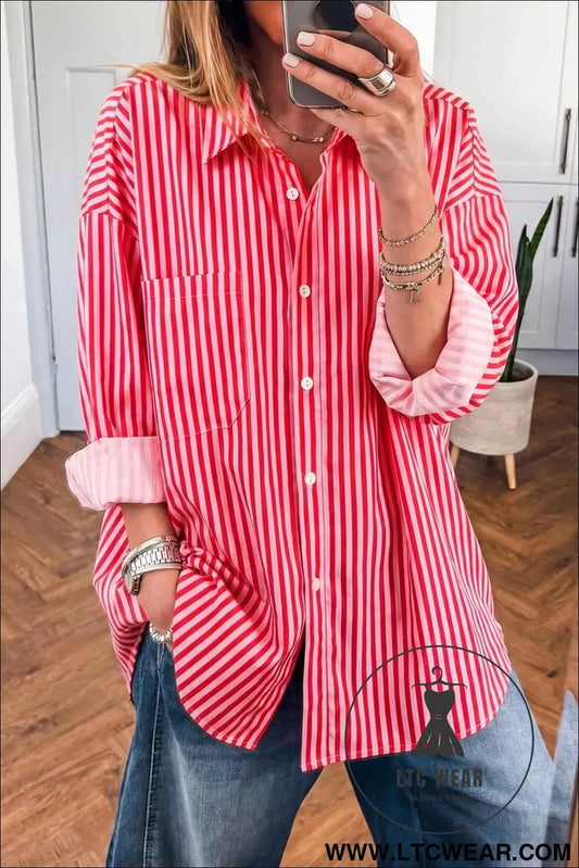 Red Stripe Button-Up Shirt Long Sleeve Patch Pocket Casual Shirt