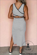 Red Stripe Criss Cross Side Slits Slim Fit Sleeveless Midi Dress