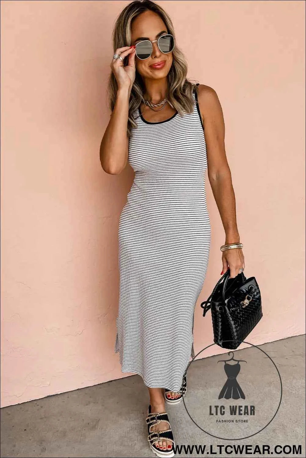 Red Stripe Criss Cross Side Slits Slim Fit Sleeveless Midi Dress