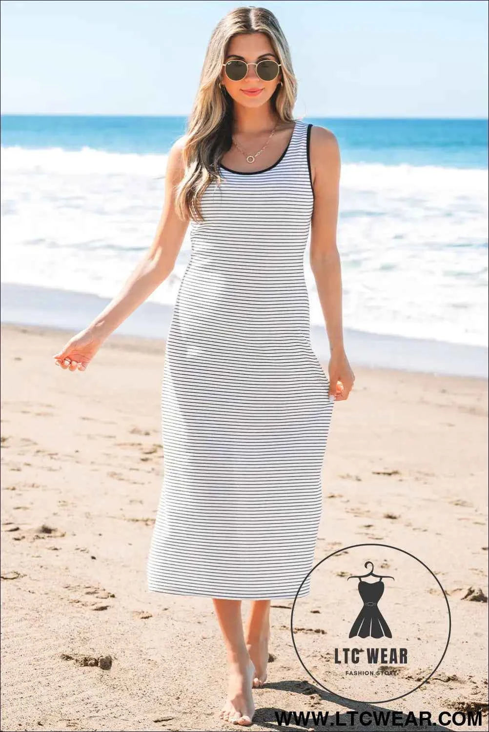 Red Stripe Criss Cross Side Slits Slim Fit Sleeveless Midi Dress