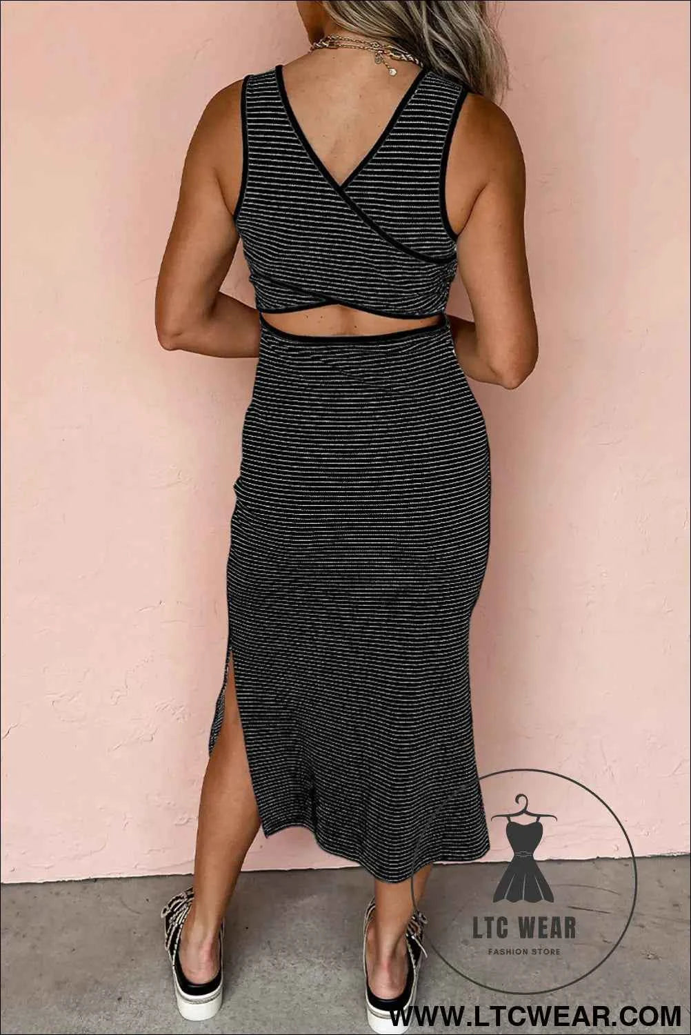 Red Stripe Criss Cross Side Slits Slim Fit Sleeveless Midi Dress