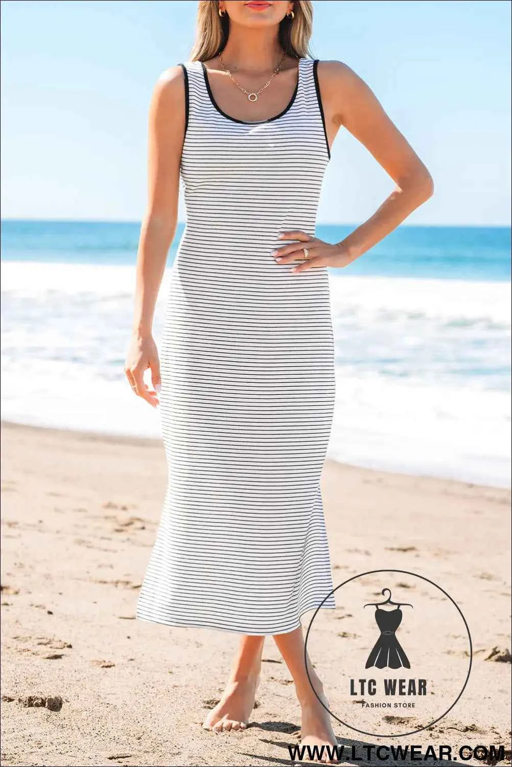Red Stripe Criss Cross Side Slits Slim Fit Sleeveless Midi Dress