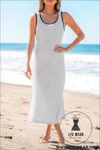 Red Stripe Criss Cross Side Slits Slim Fit Sleeveless Midi Dress