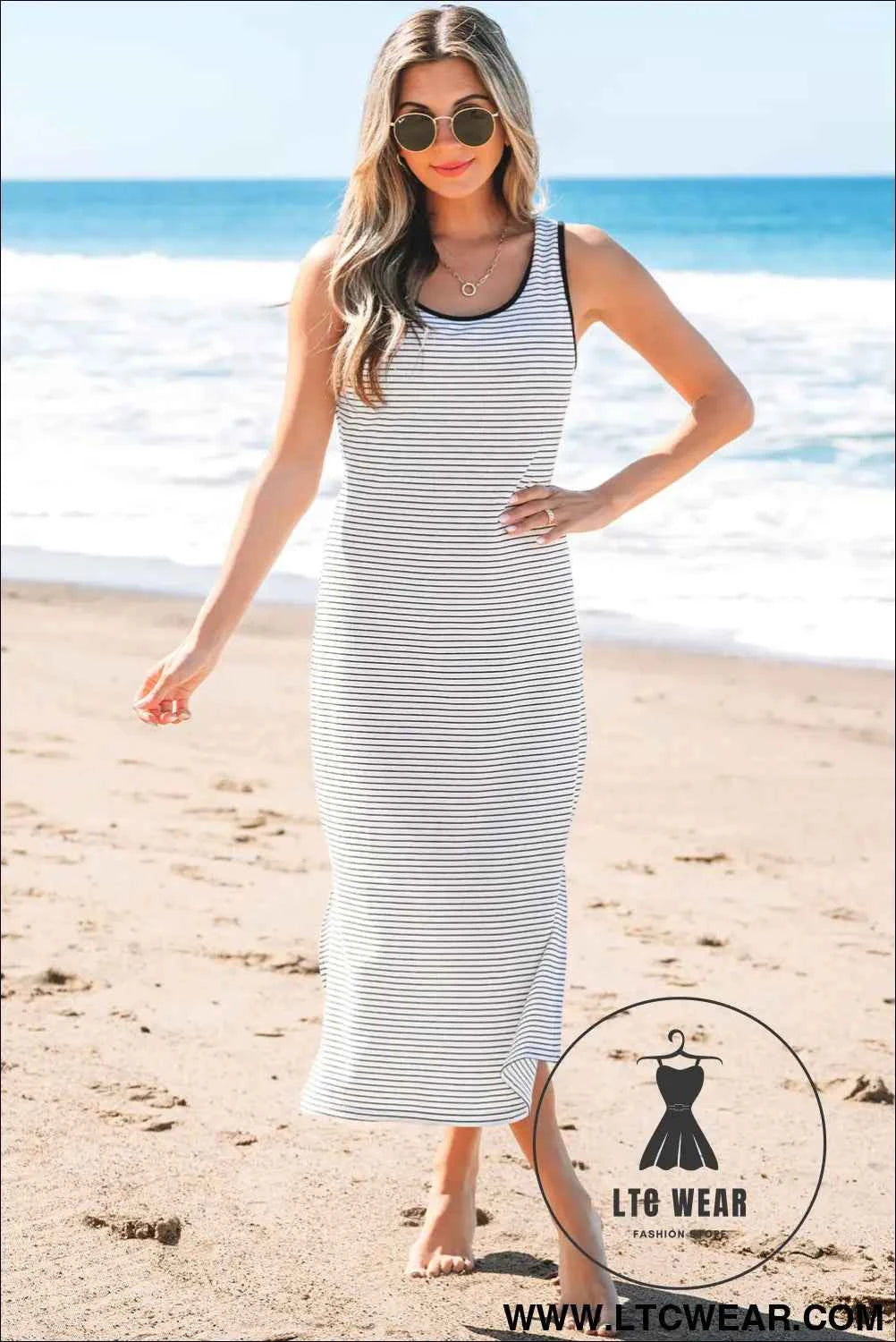 Red Stripe Criss Cross Side Slits Slim Fit Sleeveless Midi Dress