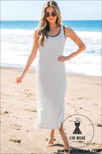 Red Stripe Criss Cross Side Slits Slim Fit Sleeveless Midi Dress