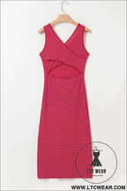 Red Stripe Criss Cross Side Slits Slim Fit Sleeveless Midi Dress