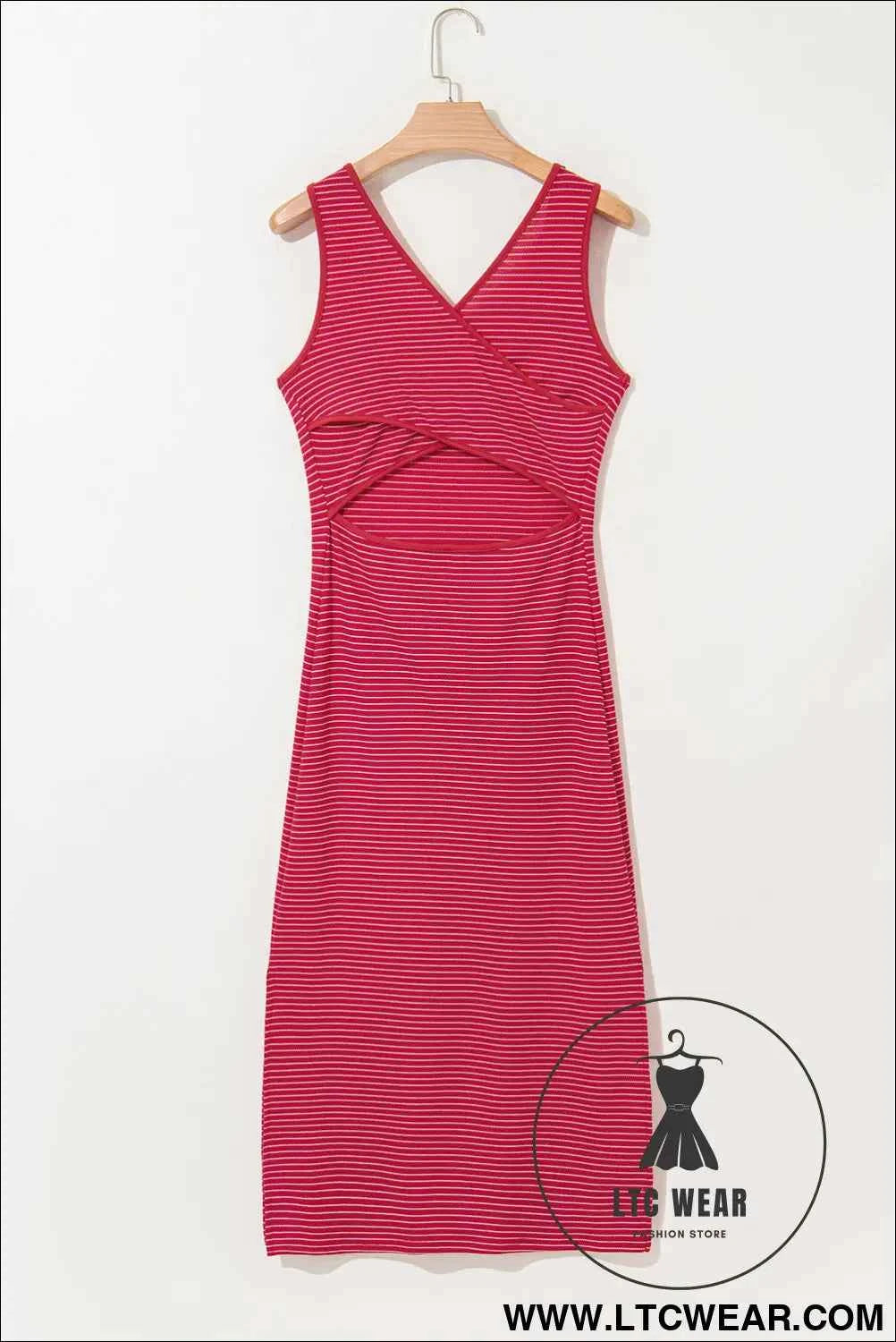 Red Stripe Criss Cross Side Slits Slim Fit Sleeveless Midi Dress