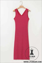 Red Stripe Criss Cross Side Slits Slim Fit Sleeveless Midi Dress