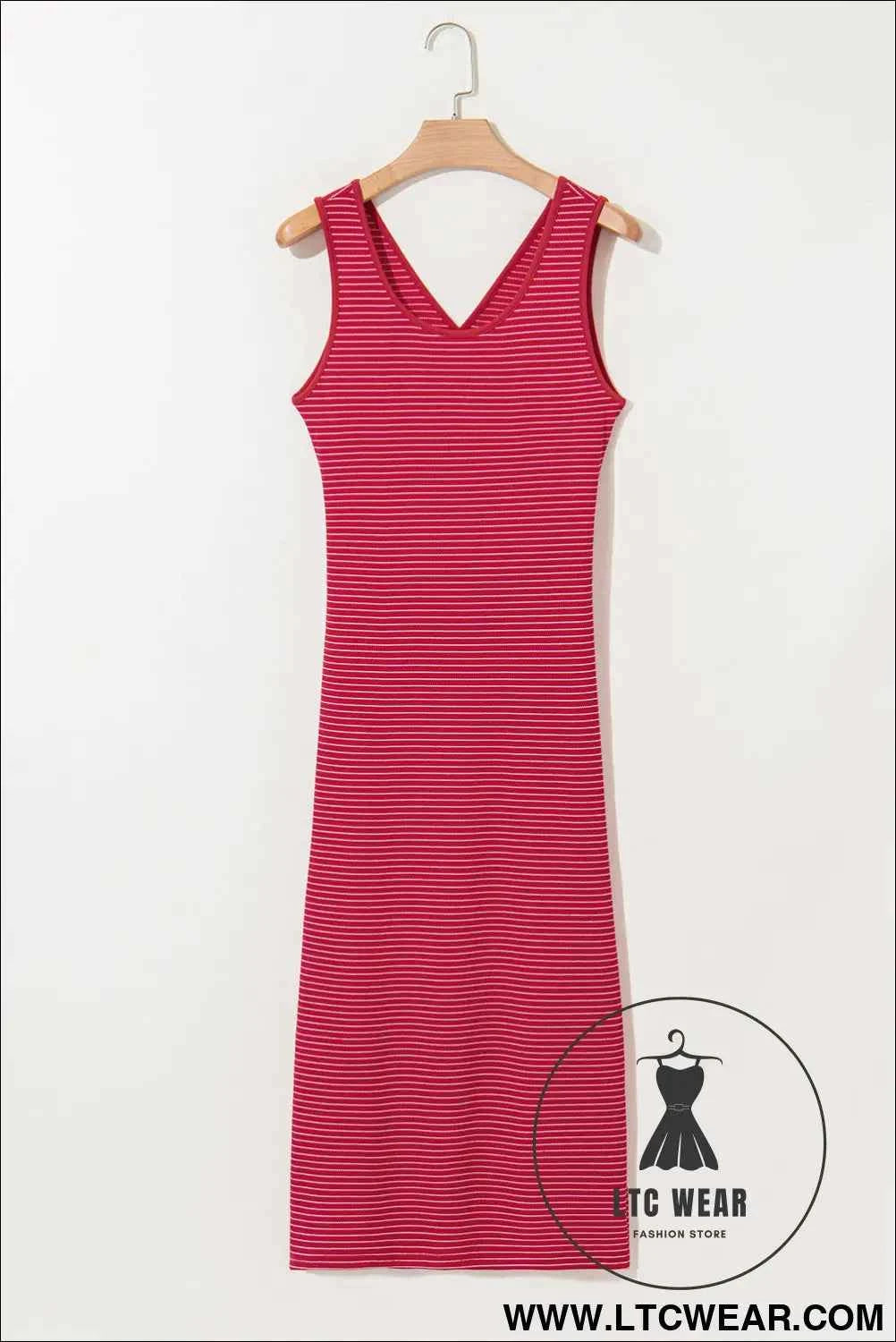 Red Stripe Criss Cross Side Slits Slim Fit Sleeveless Midi Dress
