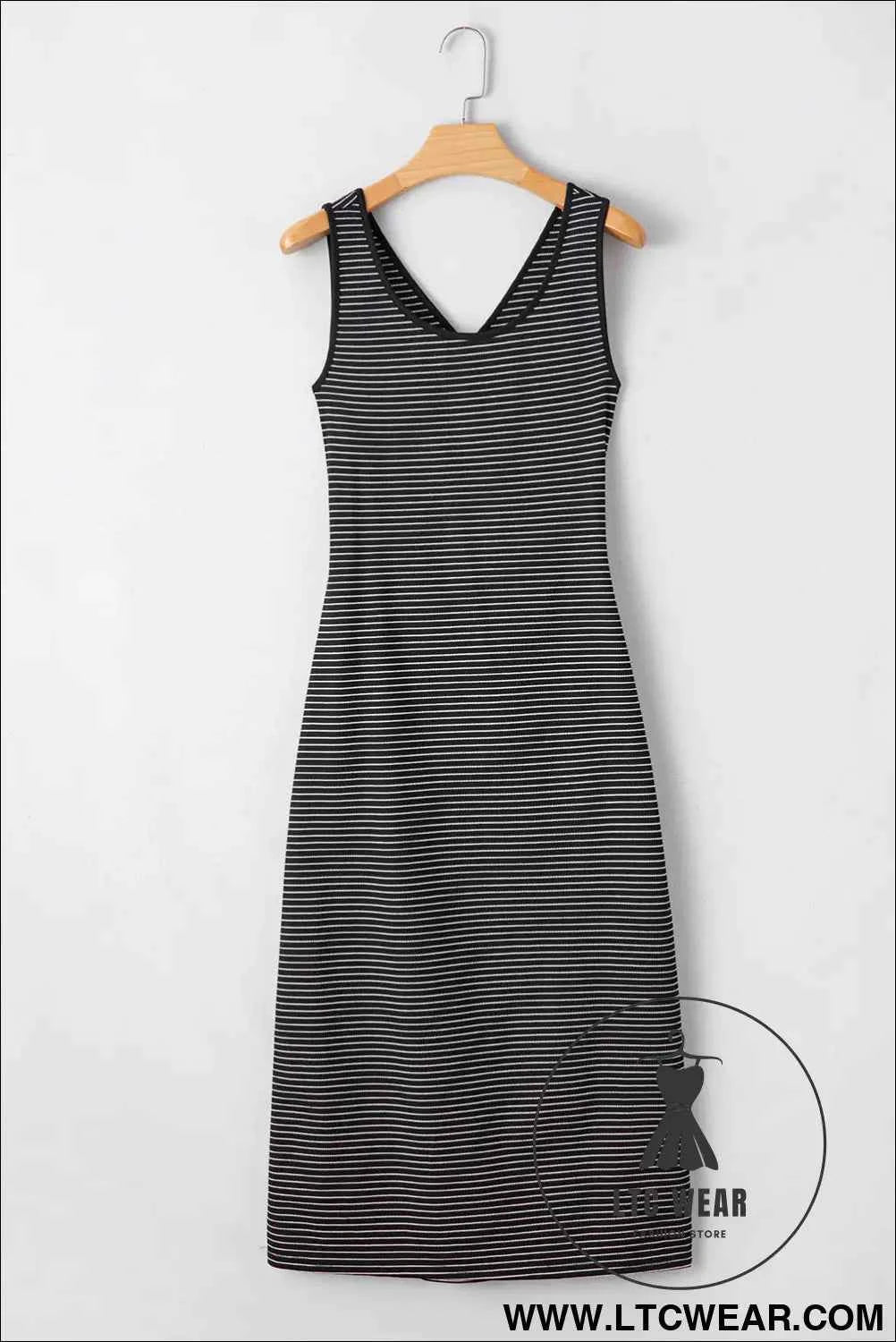Red Stripe Criss Cross Side Slits Slim Fit Sleeveless Midi Dress