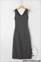 Red Stripe Criss Cross Side Slits Slim Fit Sleeveless Midi Dress