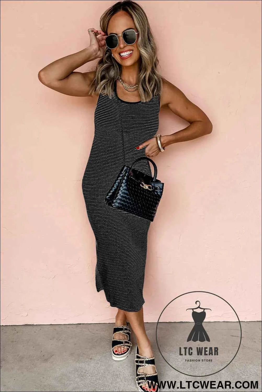 Red Stripe Criss Cross Side Slits Slim Fit Sleeveless Midi Dress
