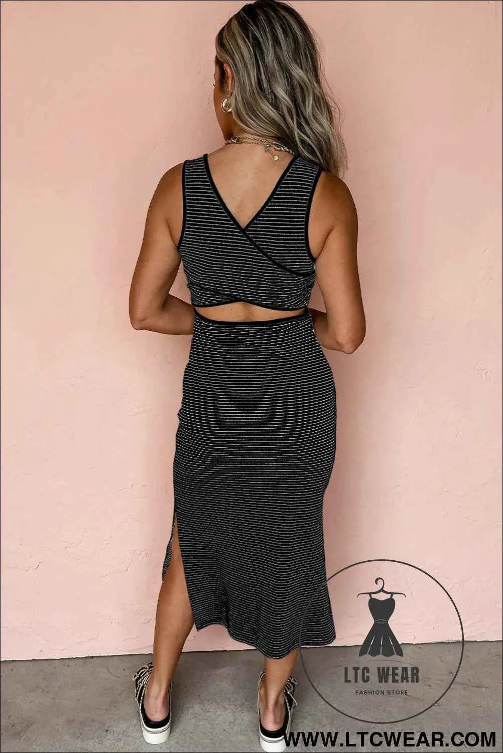 Red Stripe Criss Cross Side Slits Slim Fit Sleeveless Midi Dress