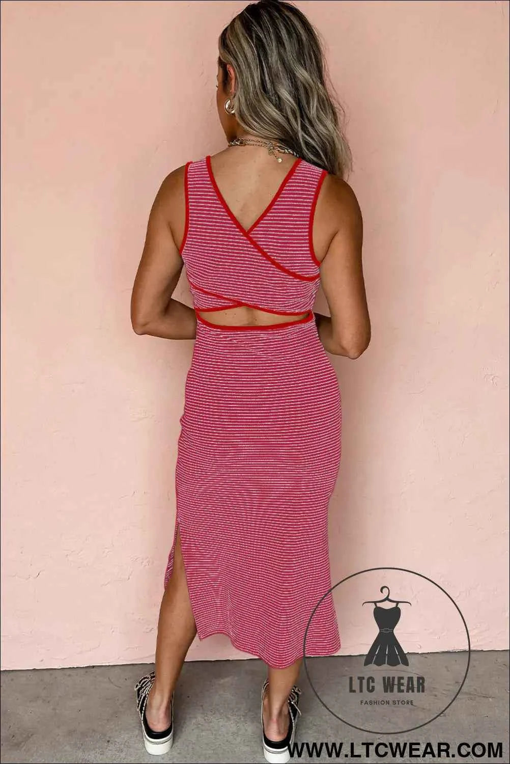 Red Stripe Criss Cross Side Slits Slim Fit Sleeveless Midi Dress