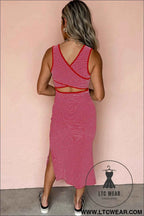Red Stripe Criss Cross Side Slits Slim Fit Sleeveless Midi Dress