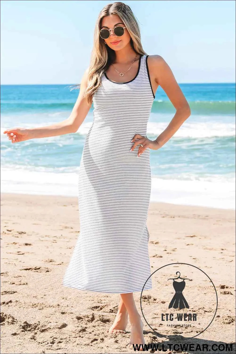 Red Stripe Criss Cross Side Slits Slim Fit Sleeveless Midi Dress