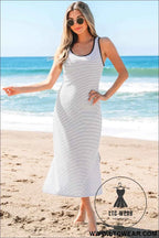 Red Stripe Criss Cross Side Slits Slim Fit Sleeveless Midi Dress