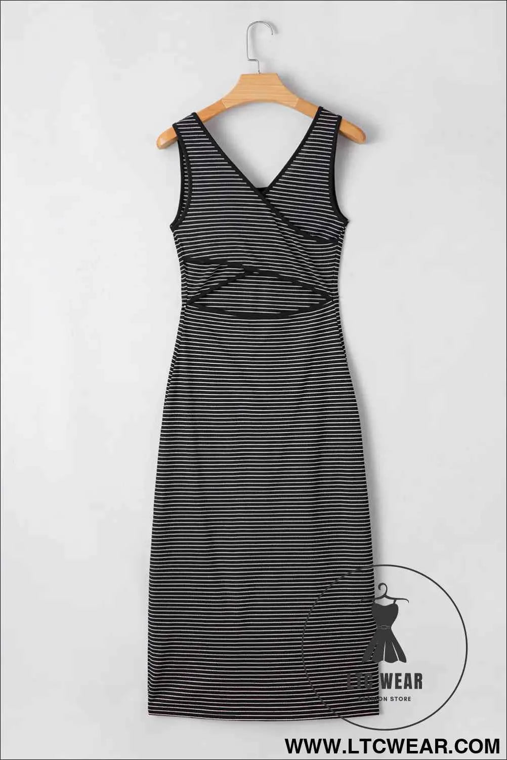 Red Stripe Criss Cross Side Slits Slim Fit Sleeveless Midi Dress