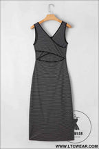 Red Stripe Criss Cross Side Slits Slim Fit Sleeveless Midi Dress