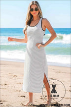 Red Stripe Criss Cross Side Slits Slim Fit Sleeveless Midi Dress