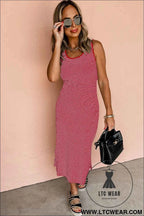 Red Stripe Criss Cross Side Slits Slim Fit Sleeveless Midi Dress