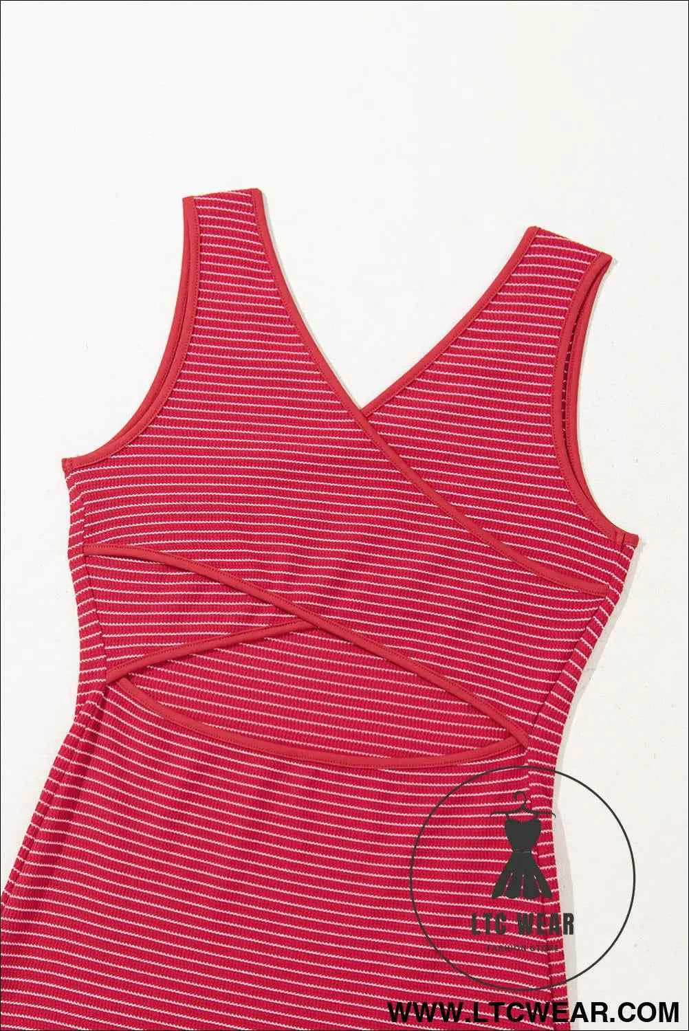 Red Stripe Criss Cross Side Slits Slim Fit Sleeveless Midi Dress