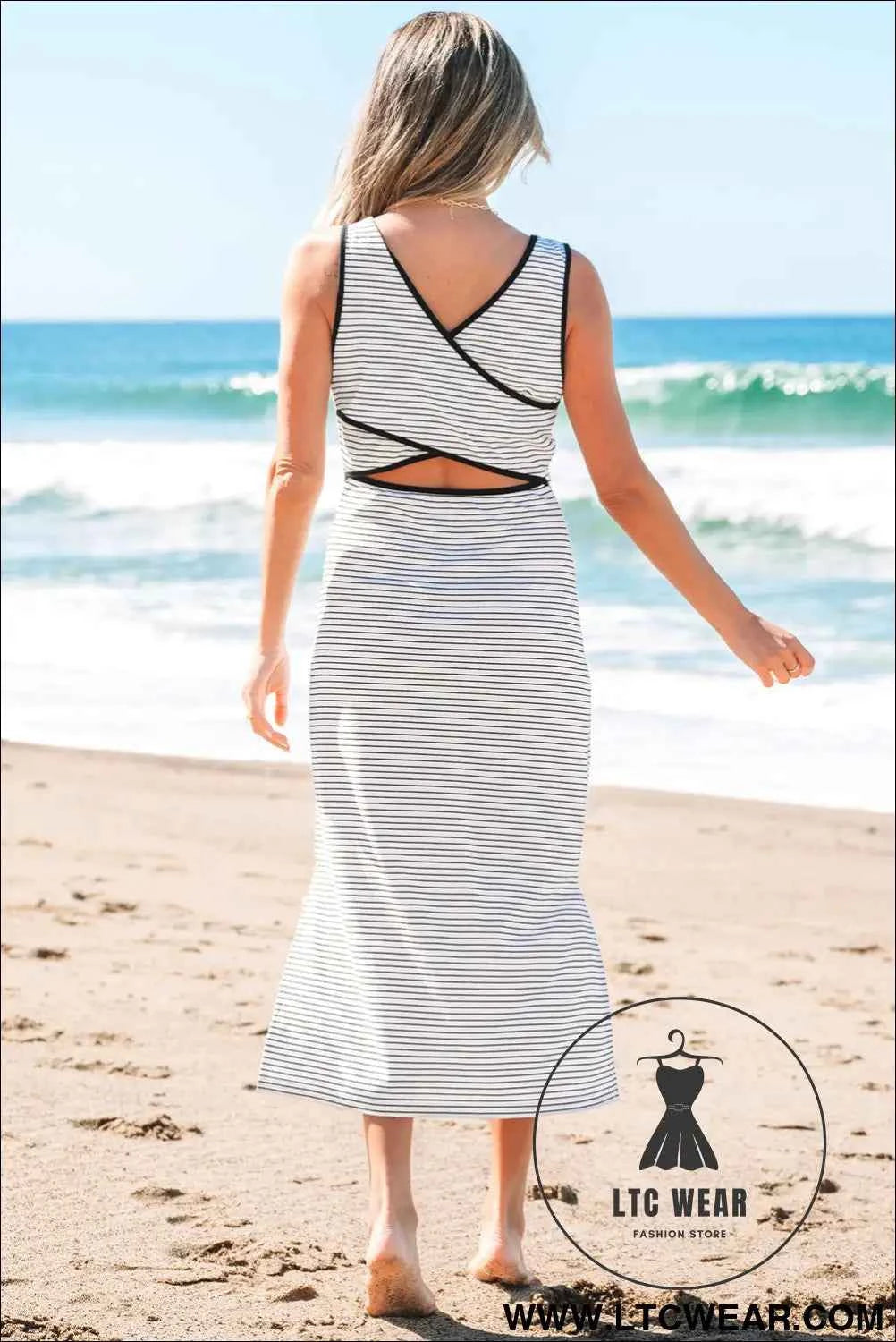 Red Stripe Criss Cross Side Slits Slim Fit Sleeveless Midi Dress
