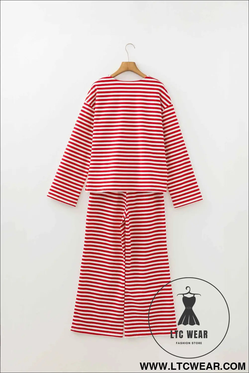Red Stripe Drop Shoulder Long Sleeve Top Lounge Pants 2pcs Set
