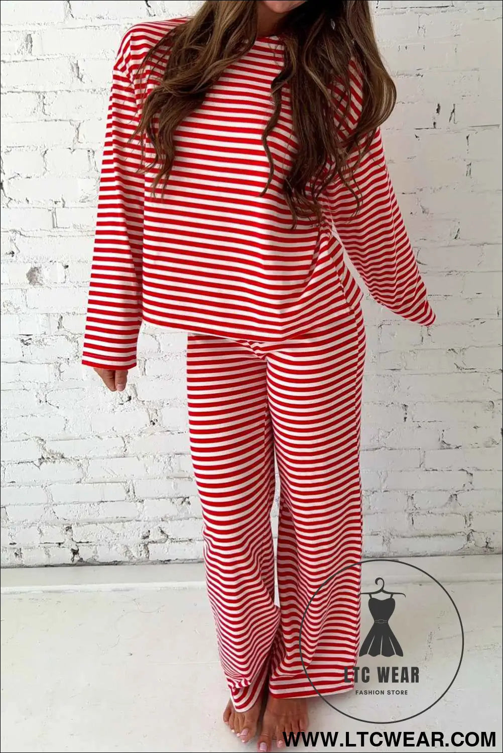Red Stripe Drop Shoulder Long Sleeve Top Lounge Pants 2pcs Set