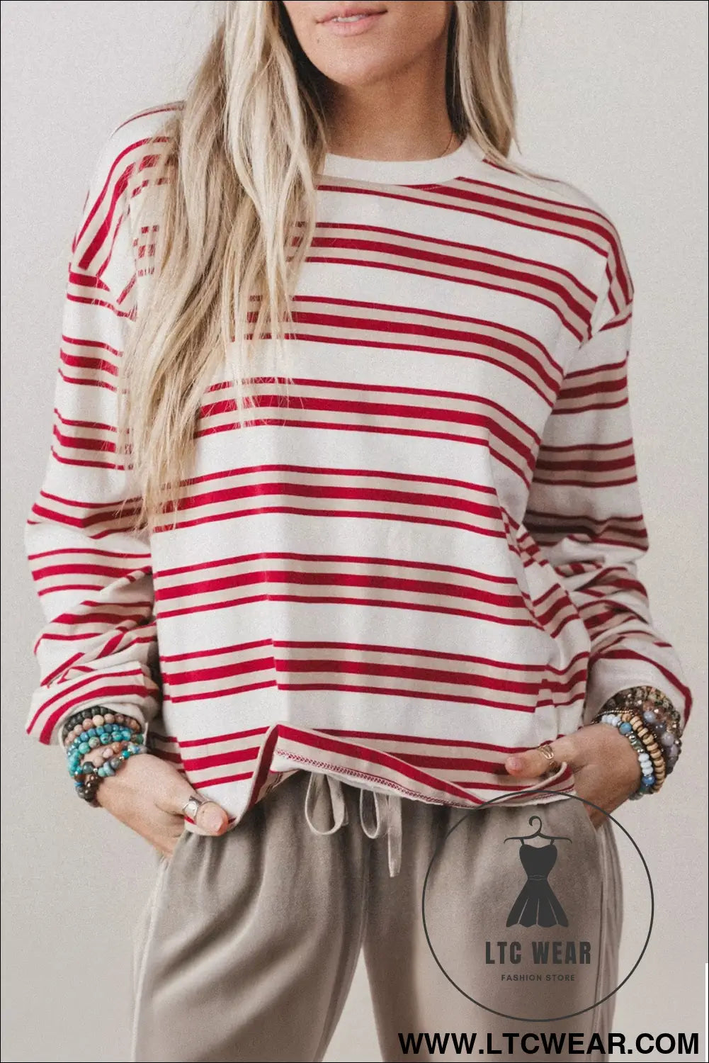 Red stripe dropped shoulder long sleeve casual pullover top - long sleeve tops