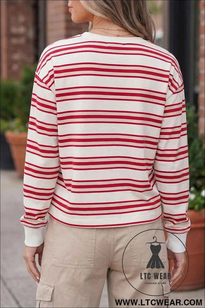 Red Stripe Dropped Shoulder Long Sleeve Casual Pullover Top