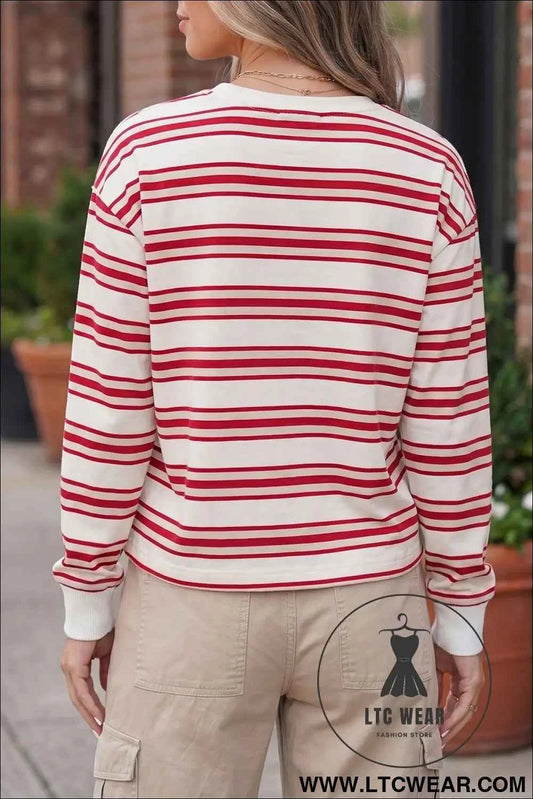 Red Stripe Dropped Shoulder Long Sleeve Casual Pullover Top