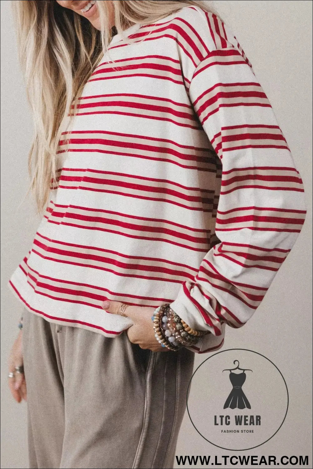 Red stripe dropped shoulder long sleeve casual pullover top - long sleeve tops