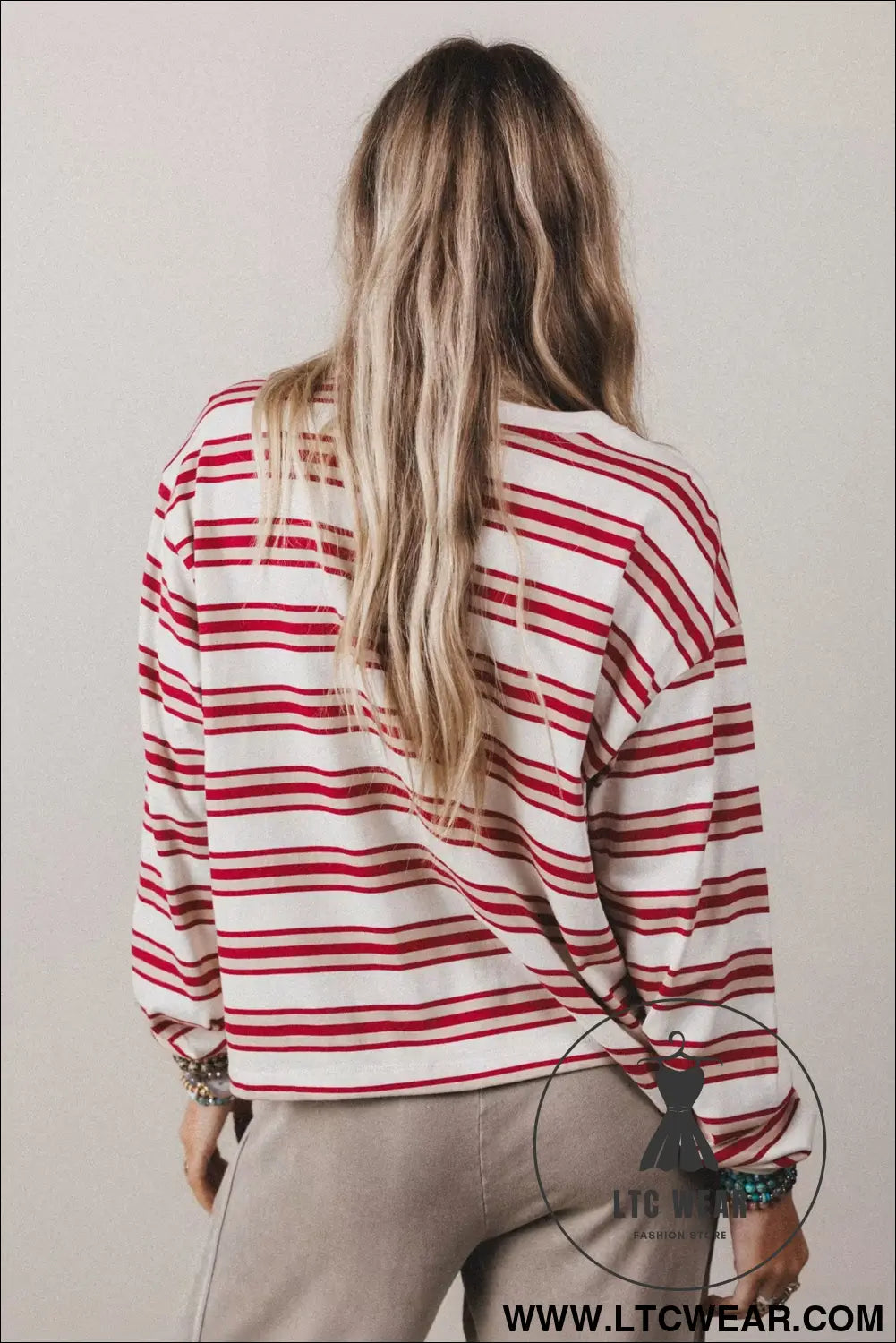 Red stripe dropped shoulder long sleeve casual pullover top - long sleeve tops
