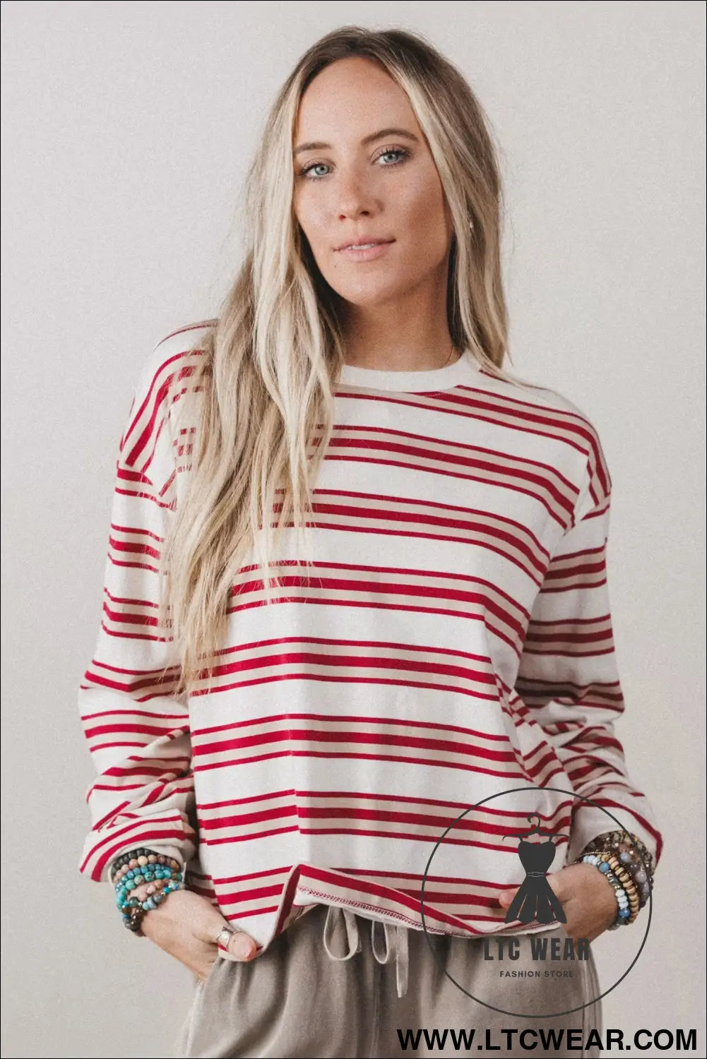 Red stripe dropped shoulder long sleeve casual pullover top - long sleeve tops