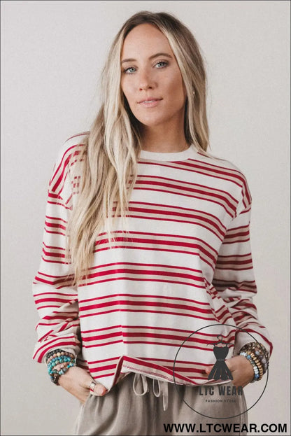 Red stripe dropped shoulder long sleeve casual pullover top - long sleeve tops