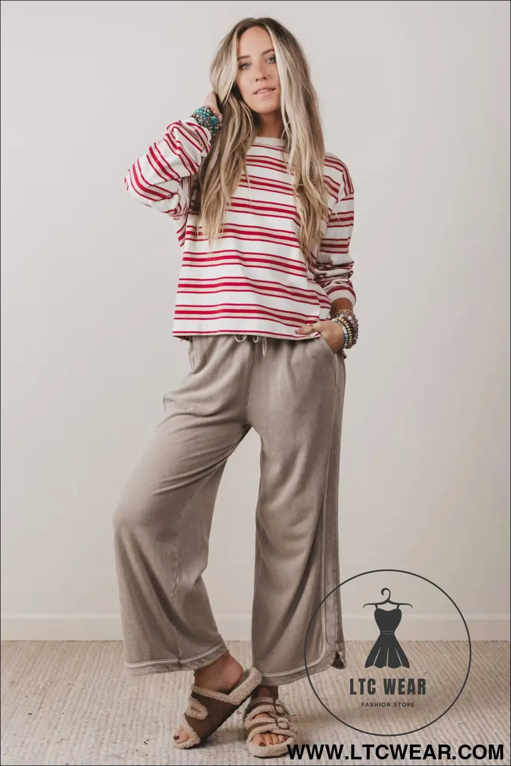 Red stripe dropped shoulder long sleeve casual pullover top - long sleeve tops