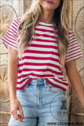Red stripe patchwork round neck t shirt - red stripe / l / 95% cotton + 5% elastane - tops & tees