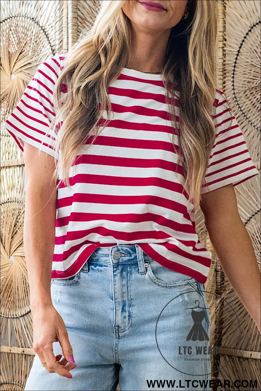 Red stripe patchwork round neck t shirt - red stripe / l / 95% cotton + 5% elastane - tops & tees