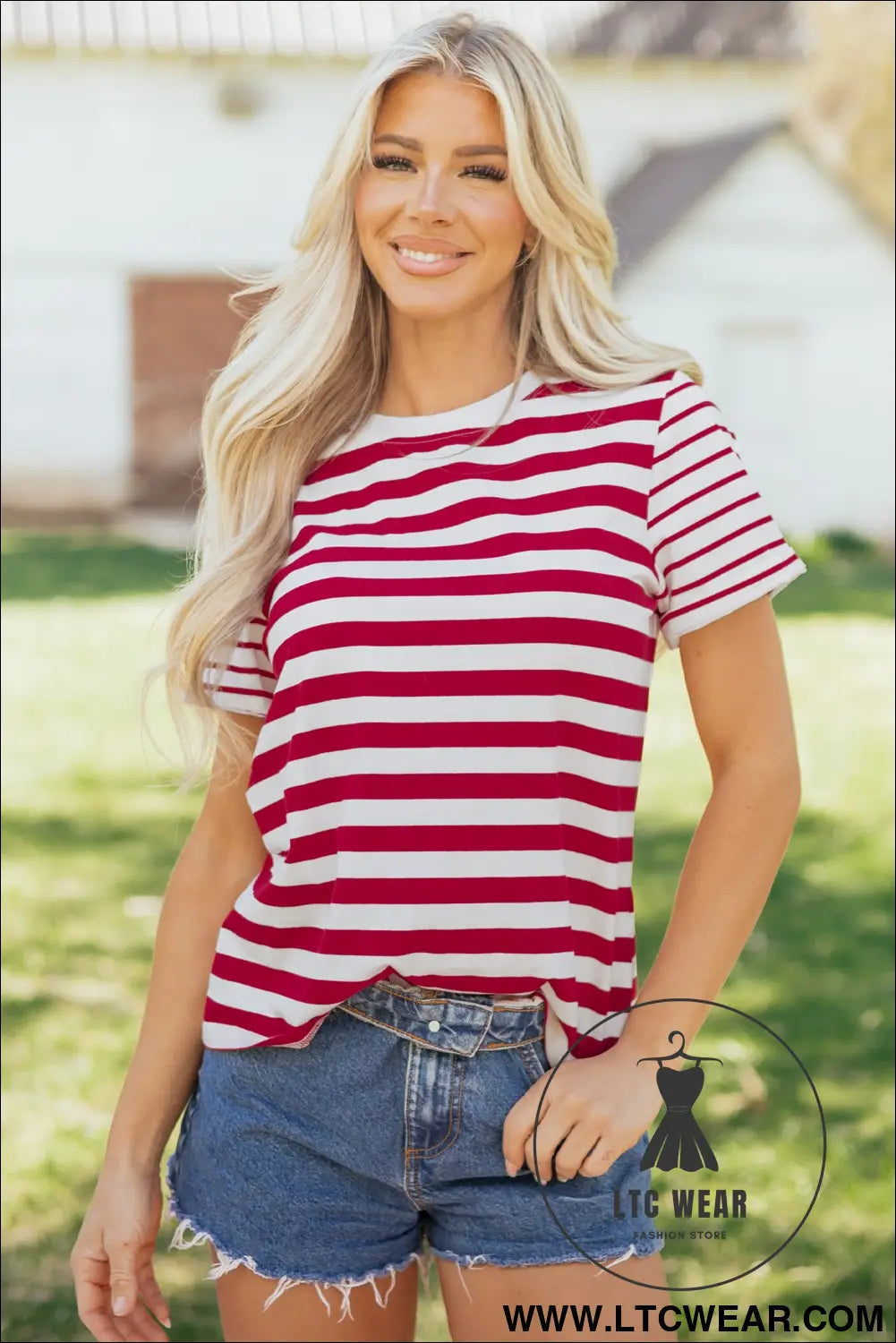 Red stripe patchwork round neck t shirt - tops & tees