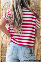 Red stripe patchwork round neck t shirt - tops & tees