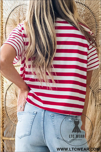 Red stripe patchwork round neck t shirt - tops & tees
