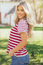 Red stripe patchwork round neck t shirt - tops & tees